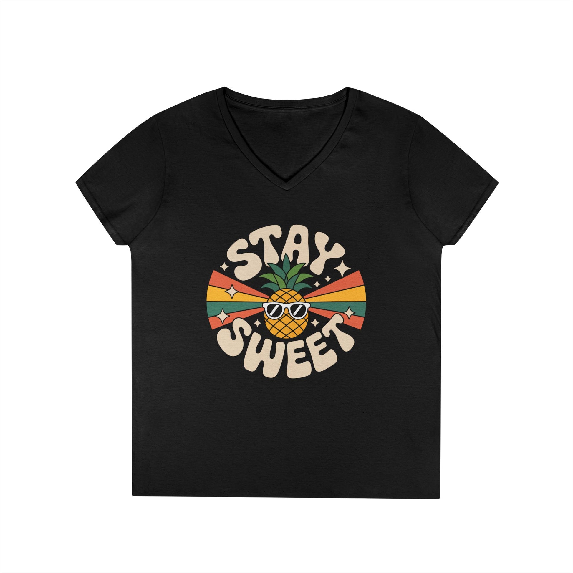 Stay Sweet Pineapple V-Neck T-Shirt for Women Retro Summer Vibes Style | TEEZOCA 