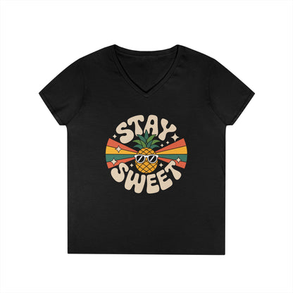 Stay Sweet Pineapple V-Neck T-Shirt for Women Retro Summer Vibes Style | TEEZOCA 