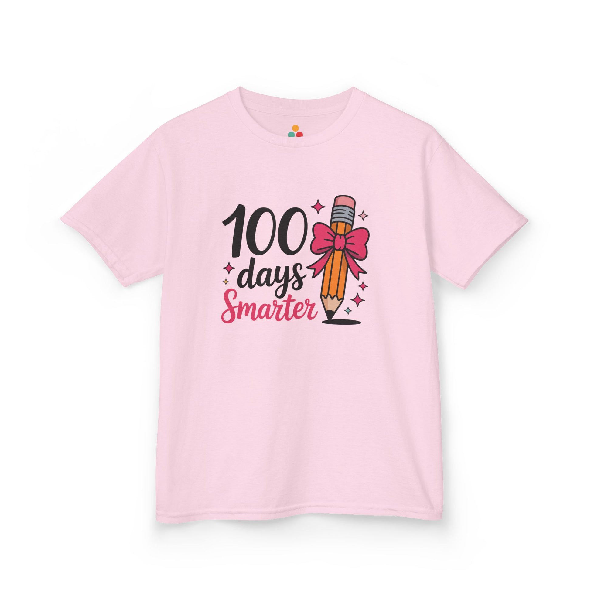 TEEZOCA pink “100 Days Smarter” cute pencil bow kids t‑shirt.