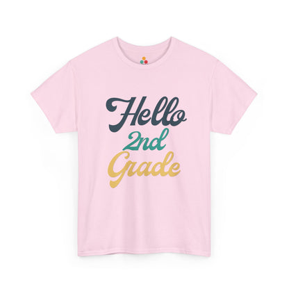 TEEZOCA pink "Hello 2nd Grade" retro graphic t-shirt shown flat.