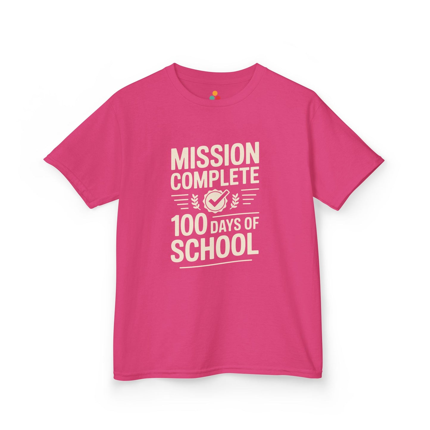 TEEZOCA pink “Mission Complete 100 Days Of School” fun school milestone t‑shirt.