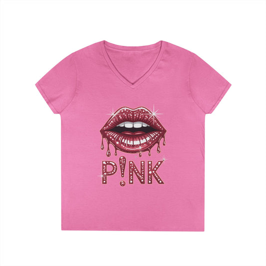 Pink Dripping Lips Graphic Women’s V-Neck T-Shirt Bold Style | TEEZOCA 