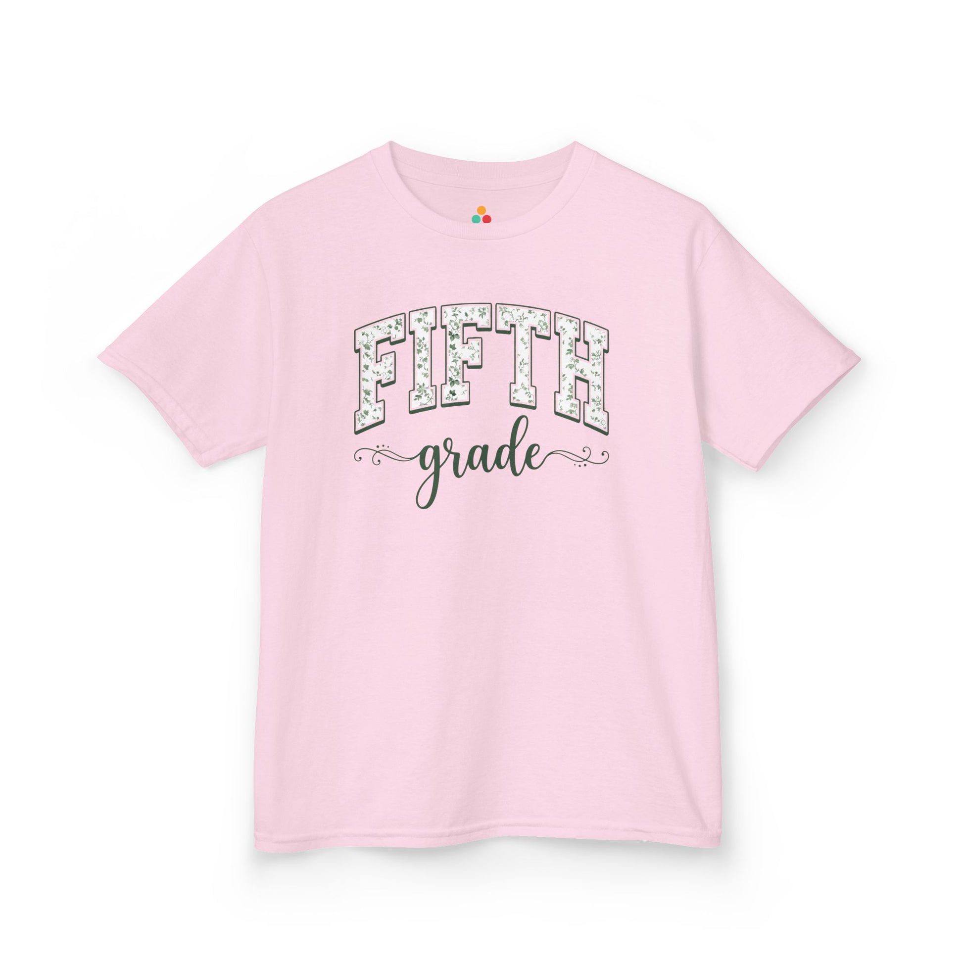 TEEZOCA pink fifth grade shirt for kids featuring sage floral varsity lettering, made for a child's first-day-of-school photo.
