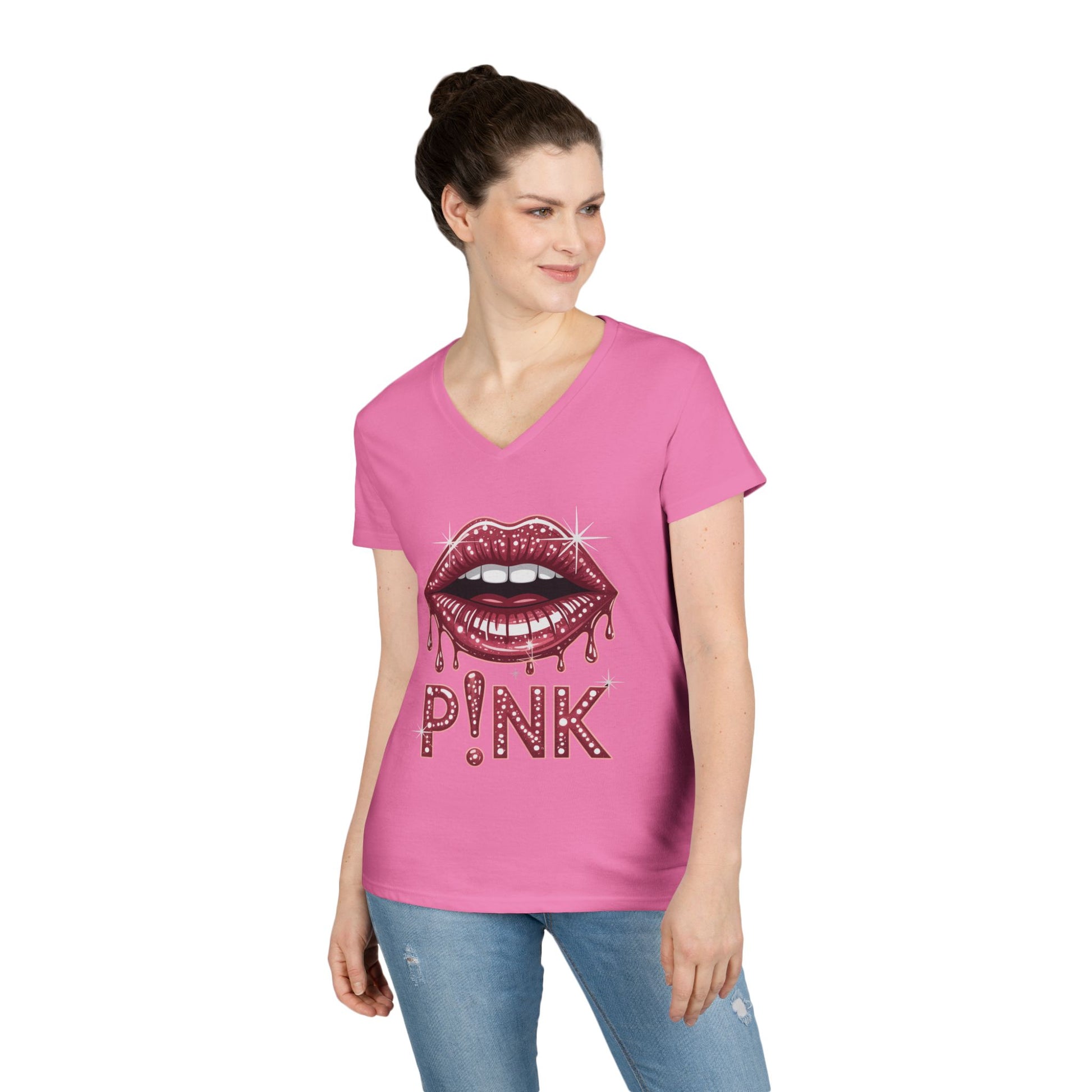 Pink Dripping Lips Graphic Women’s V-Neck T-Shirt Bold Style | TEEZOCA 
