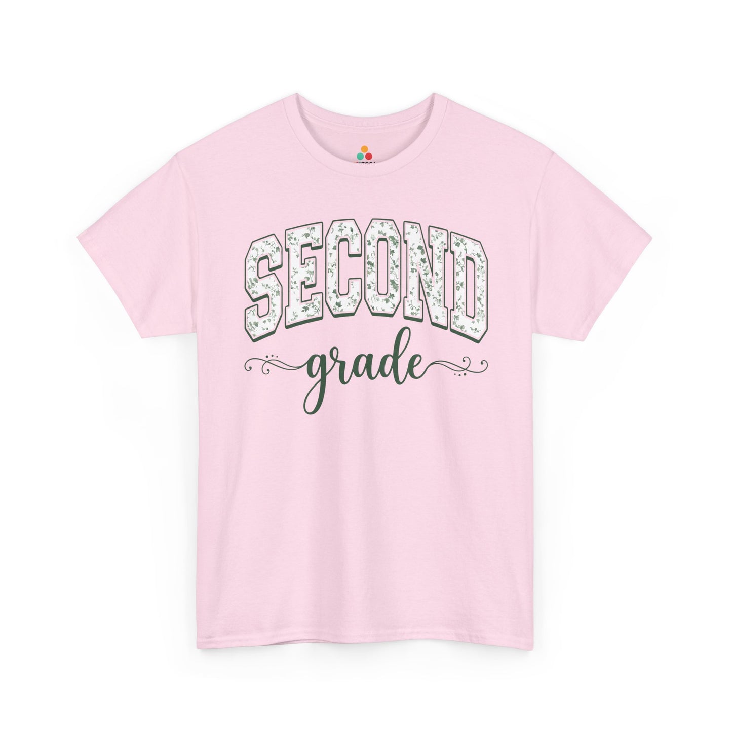 TEEZOCA pink second grade teacher shirt featuring sage floral varsity lettering, a cute back to school tee for teachers.
