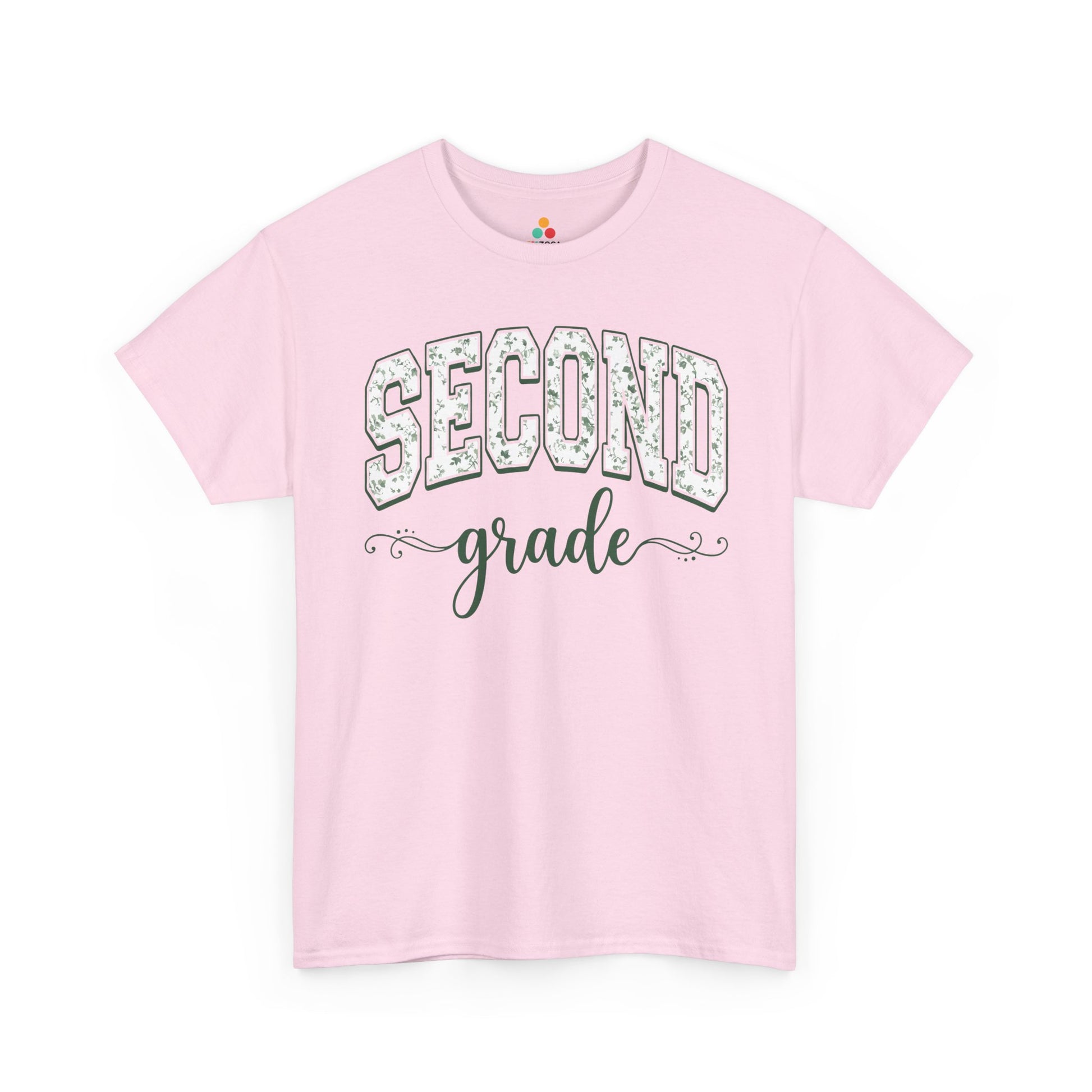 TEEZOCA pink second grade teacher shirt featuring sage floral varsity lettering, a cute back to school tee for teachers.
