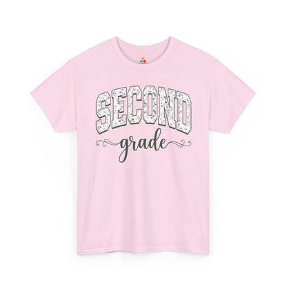 TEEZOCA pink second grade teacher shirt featuring sage floral varsity lettering, a cute back to school tee for teachers.
