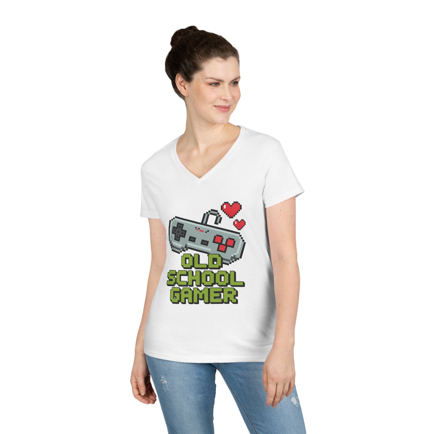 Old School Gamer Pixel Art V-Neck T-Shirt for Retro Gaming Queens | TEEZOCA 