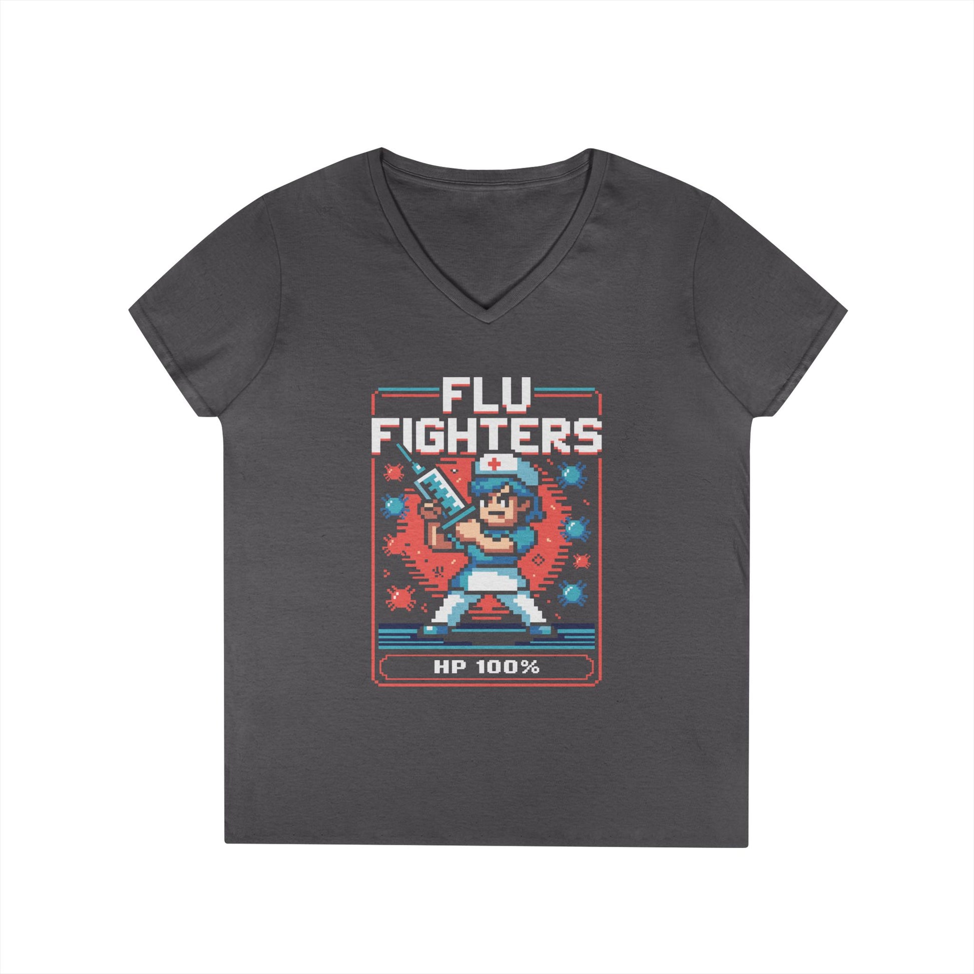 Flu Fighters Pixel Nurse V-Neck T-Shirt Retro Gaming Style Tee | TEEZOCA 