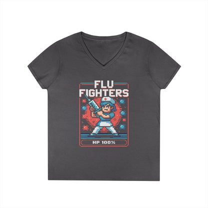Flu Fighters Pixel Nurse V-Neck T-Shirt Retro Gaming Style Tee | TEEZOCA 