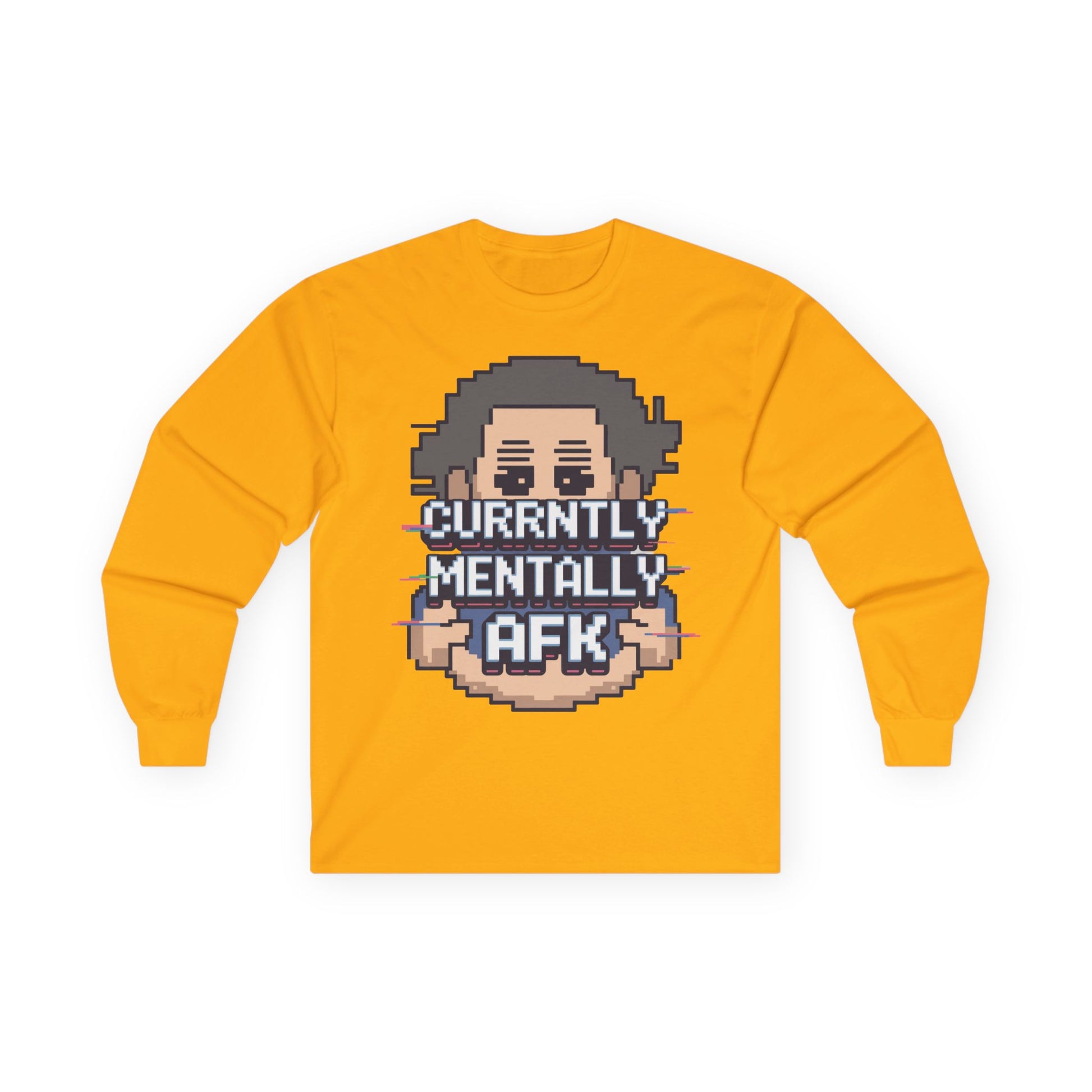 TEEZOCA pixel character humor unisex long-sleeve tee Yellow long-sleeve shirt with pixel art design and text on a white background