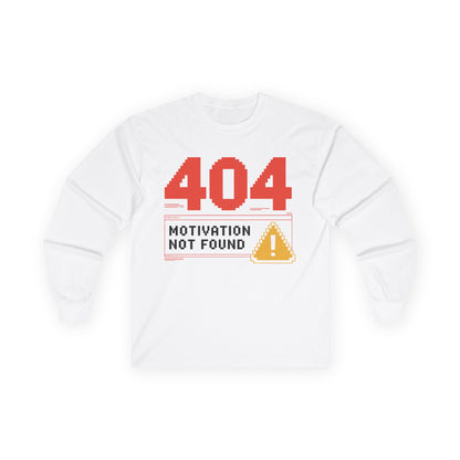 TEEZOCA pixel style humor long-sleeve t-shirt White sweatshirt with red text '404 Motivation Not Found' on a white background