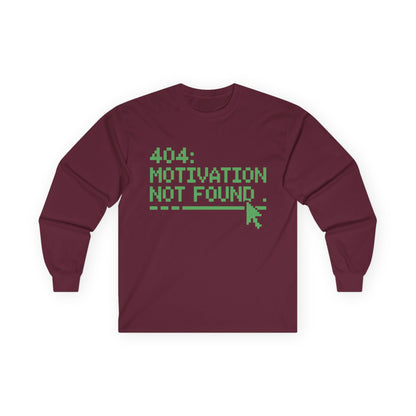 TEEZOCA pixel text humor long-sleeve tee Maroon long-sleeve shirt with green text '404: Motivation Not Found' on a white background