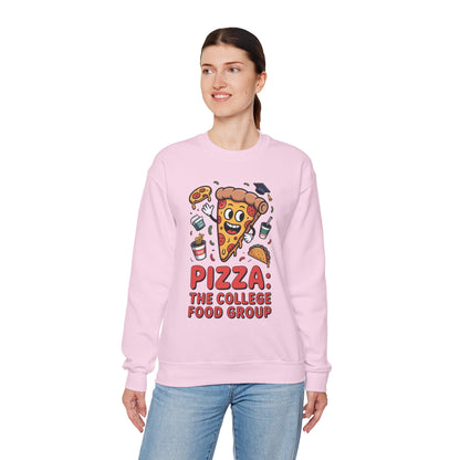 TEEZOCA pizza the college food group sweatshirt with cartoon pizza design Person wearing a pink sweatshirt with pizza-themed design on a white background
