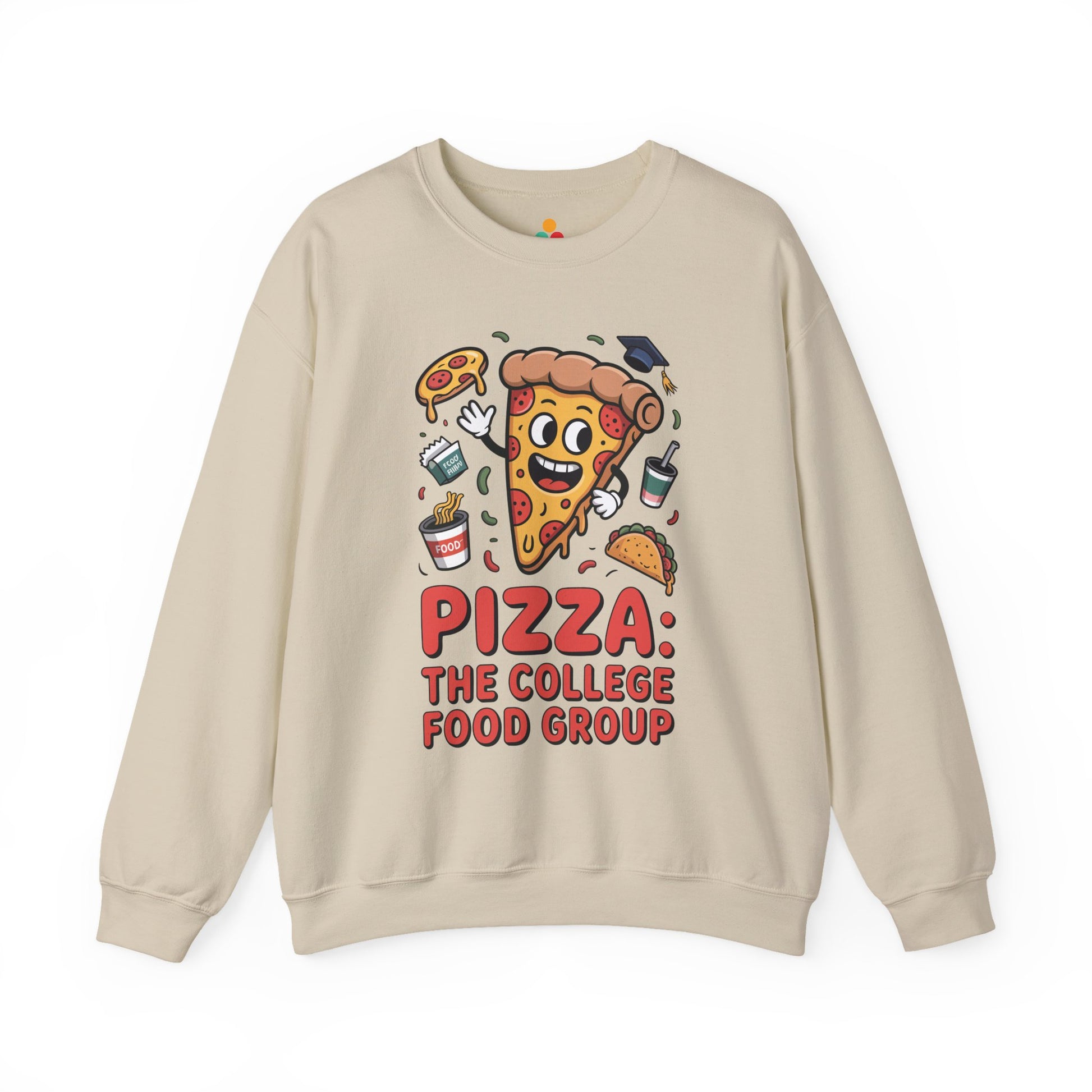 TEEZOCA pizza the college food group sweatshirt with cartoon pizza design Beige sweatshirt with pizza-themed design and text on a white background