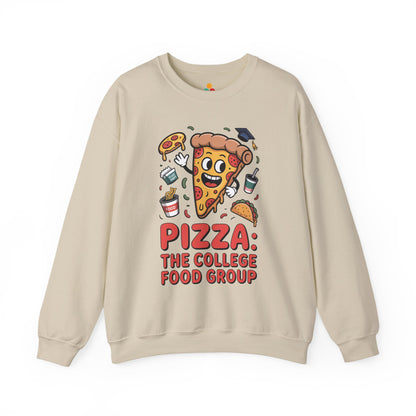 TEEZOCA pizza the college food group sweatshirt with cartoon pizza design Beige sweatshirt with pizza-themed design and text on a white background
