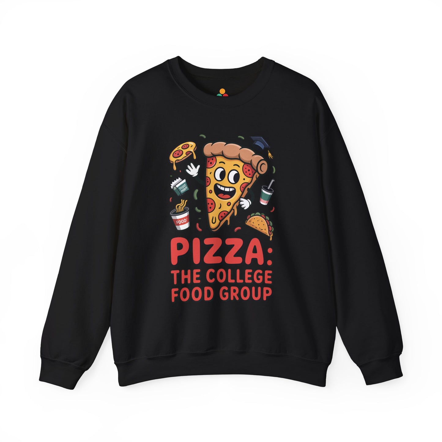 TEEZOCA pizza the college food group sweatshirt with cartoon pizza design Black sweatshirt with pizza-themed design and text on a white background