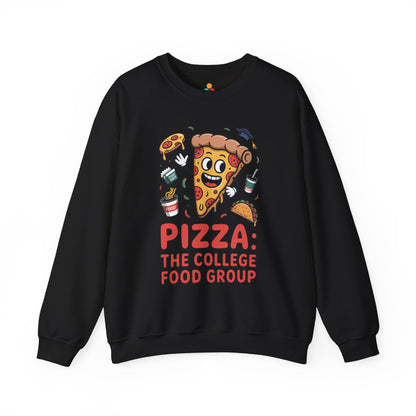TEEZOCA pizza the college food group sweatshirt with cartoon pizza design Black sweatshirt with pizza-themed design and text on a white background