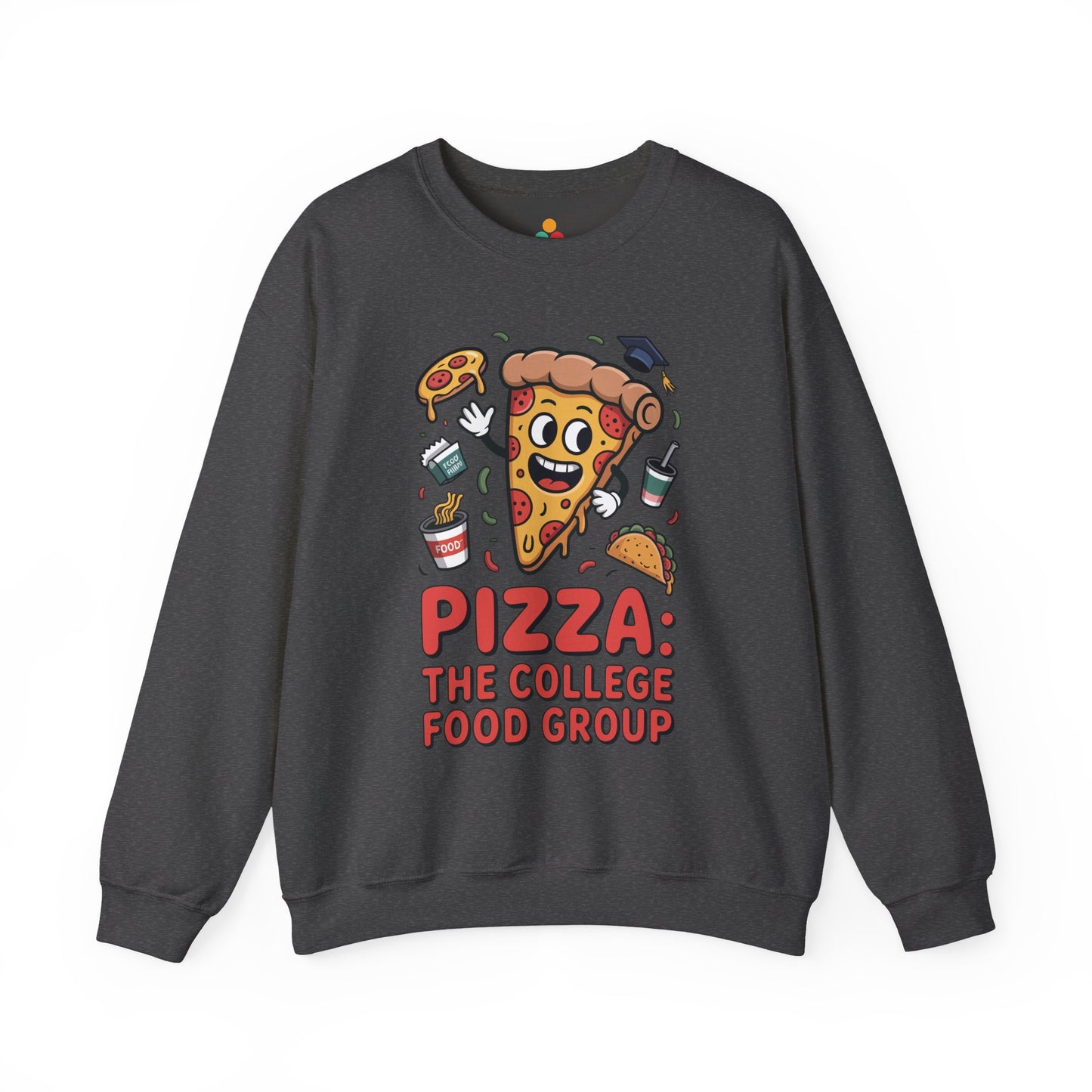 TEEZOCA pizza the college food group sweatshirt with cartoon pizza design Dark gray sweatshirt with pizza-themed graphic and text on a white background