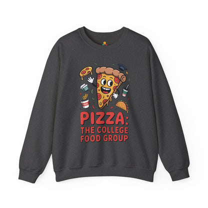 TEEZOCA pizza the college food group sweatshirt with cartoon pizza design Dark gray sweatshirt with pizza-themed graphic and text on a white background