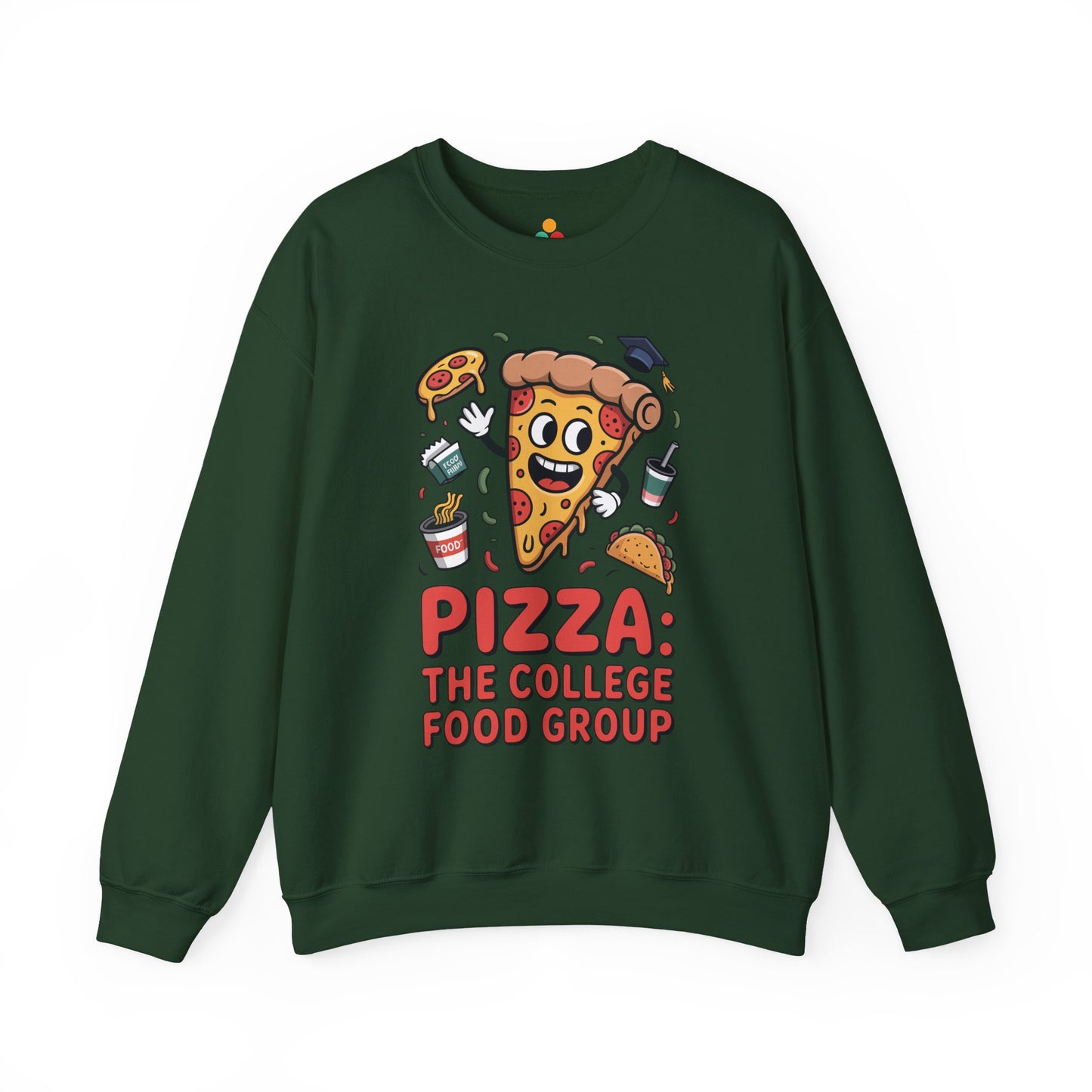TEEZOCA pizza the college food group sweatshirt with cartoon pizza design Green sweatshirt with pizza-themed graphic and text on a white background