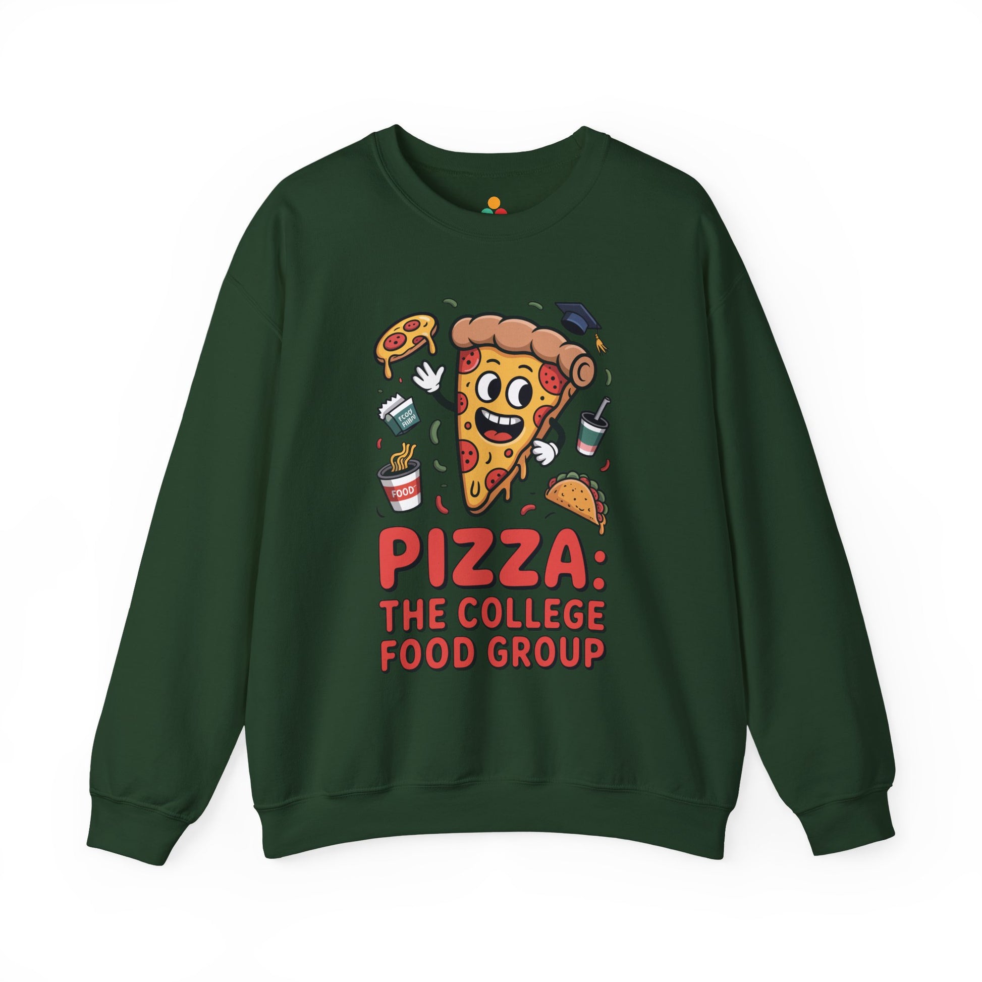 TEEZOCA pizza the college food group sweatshirt with cartoon pizza design Green sweatshirt with pizza-themed graphic and text on a white background