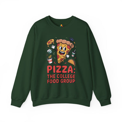 TEEZOCA pizza the college food group sweatshirt with cartoon pizza design Green sweatshirt with pizza-themed graphic and text on a white background