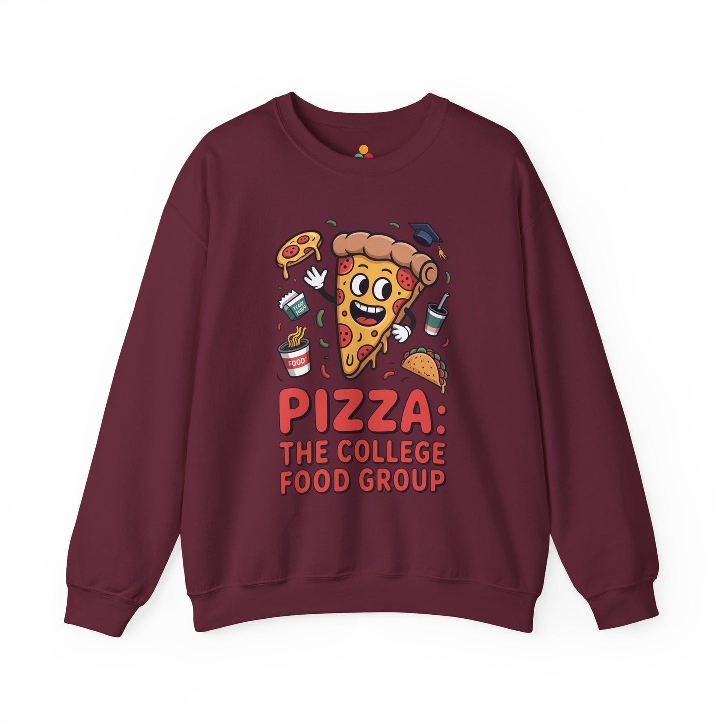TEEZOCA pizza the college food group sweatshirt with cartoon pizza design Maroon sweatshirt with pizza-themed graphic and text on a white background