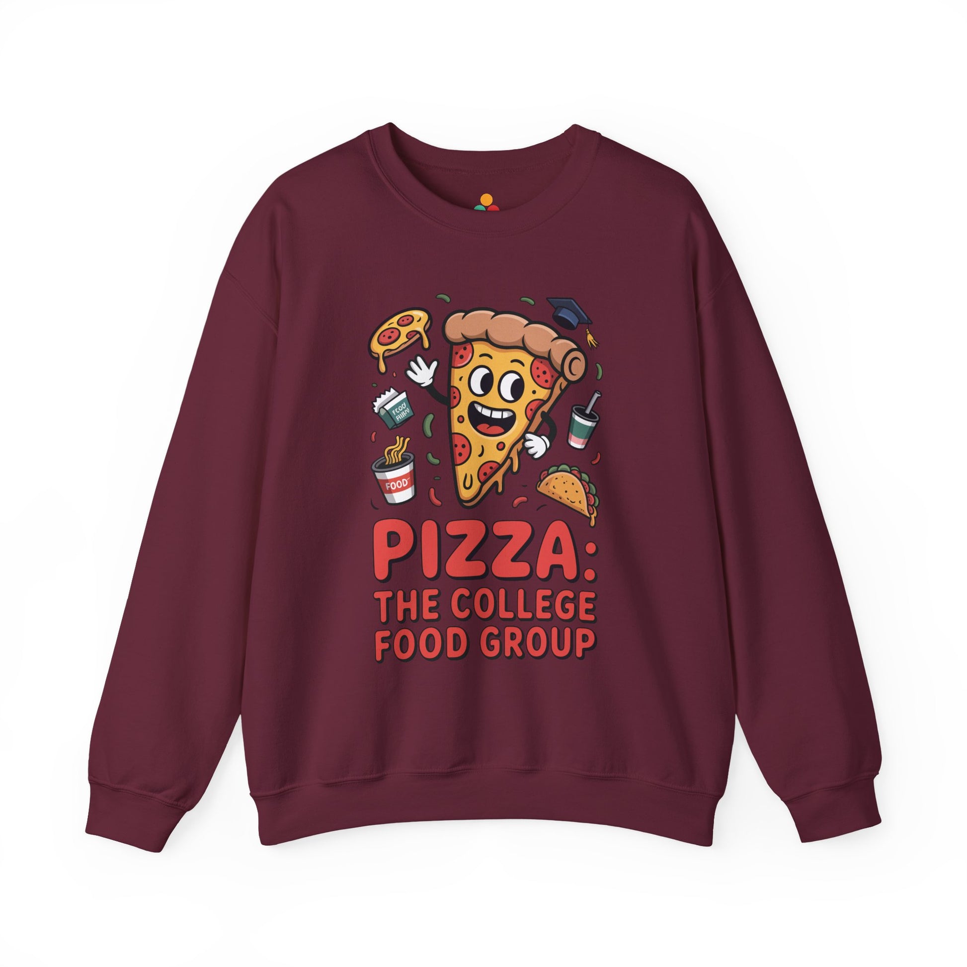 TEEZOCA pizza the college food group sweatshirt with cartoon pizza design Maroon sweatshirt with pizza-themed graphic and text on a white background