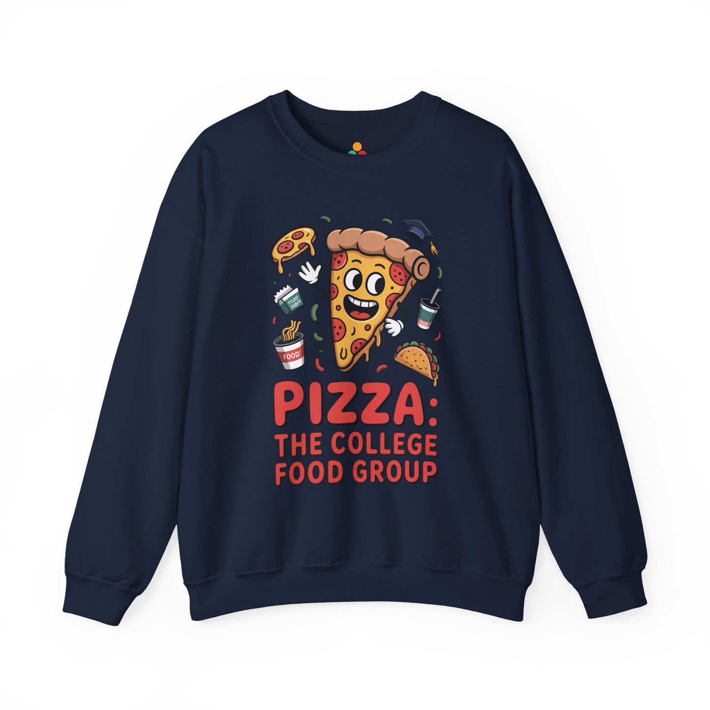 TEEZOCA pizza the college food group sweatshirt with cartoon pizza design Navy blue sweatshirt with pizza-themed graphic and text on a white background