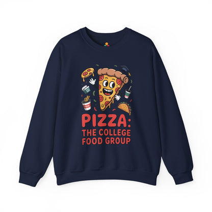 TEEZOCA pizza the college food group sweatshirt with cartoon pizza design Navy blue sweatshirt with pizza-themed graphic and text on a white background