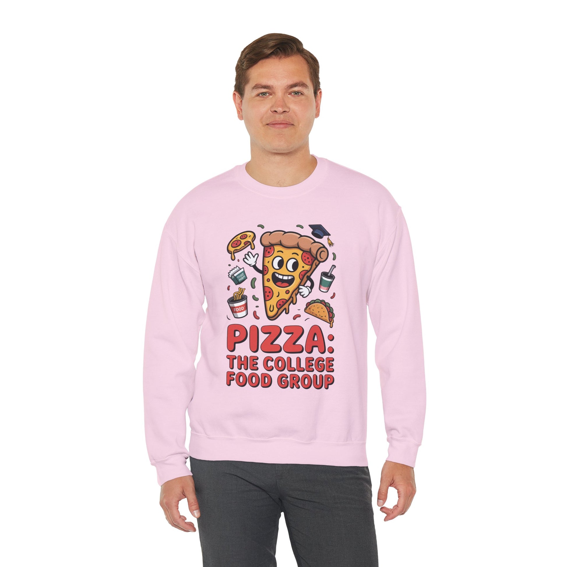 TEEZOCA pizza the college food group sweatshirt with cartoon pizza design Person wearing a pink sweatshirt with pizza-themed design on a white background
