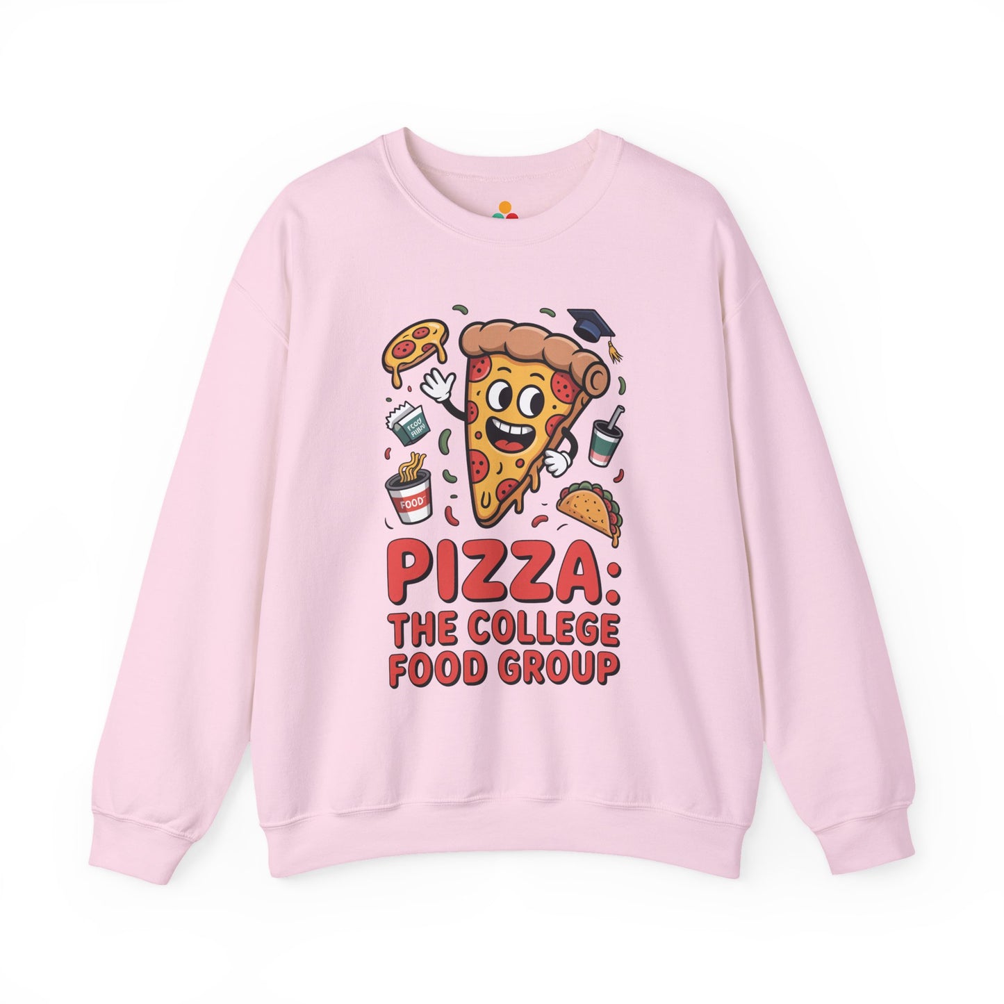 TEEZOCA pizza the college food group sweatshirt with cartoon pizza design Pink sweatshirt with pizza-themed design and text on a white background