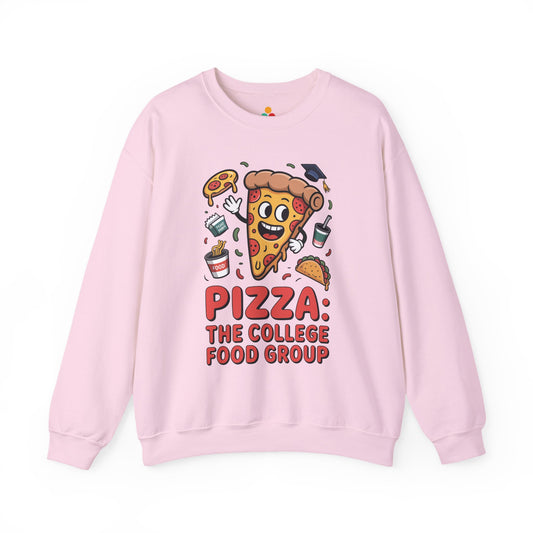 TEEZOCA pizza the college food group sweatshirt with cartoon pizza design Pink sweatshirt with pizza-themed design and text on a white background