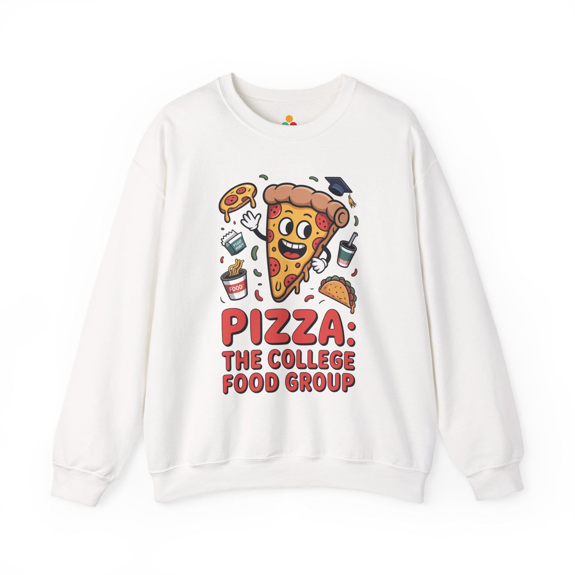 TEEZOCA pizza the college food group sweatshirt with cartoon pizza design White sweatshirt with pizza-themed design and text on a white background