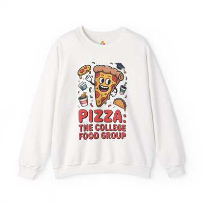 TEEZOCA pizza the college food group sweatshirt with cartoon pizza design White sweatshirt with pizza-themed design and text on a white background