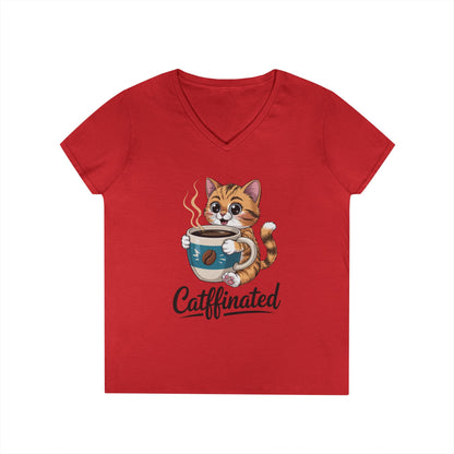 Caffeinated Cute Cat Coffee Lover V-Neck T-Shirt for Women | TEEZOCA 