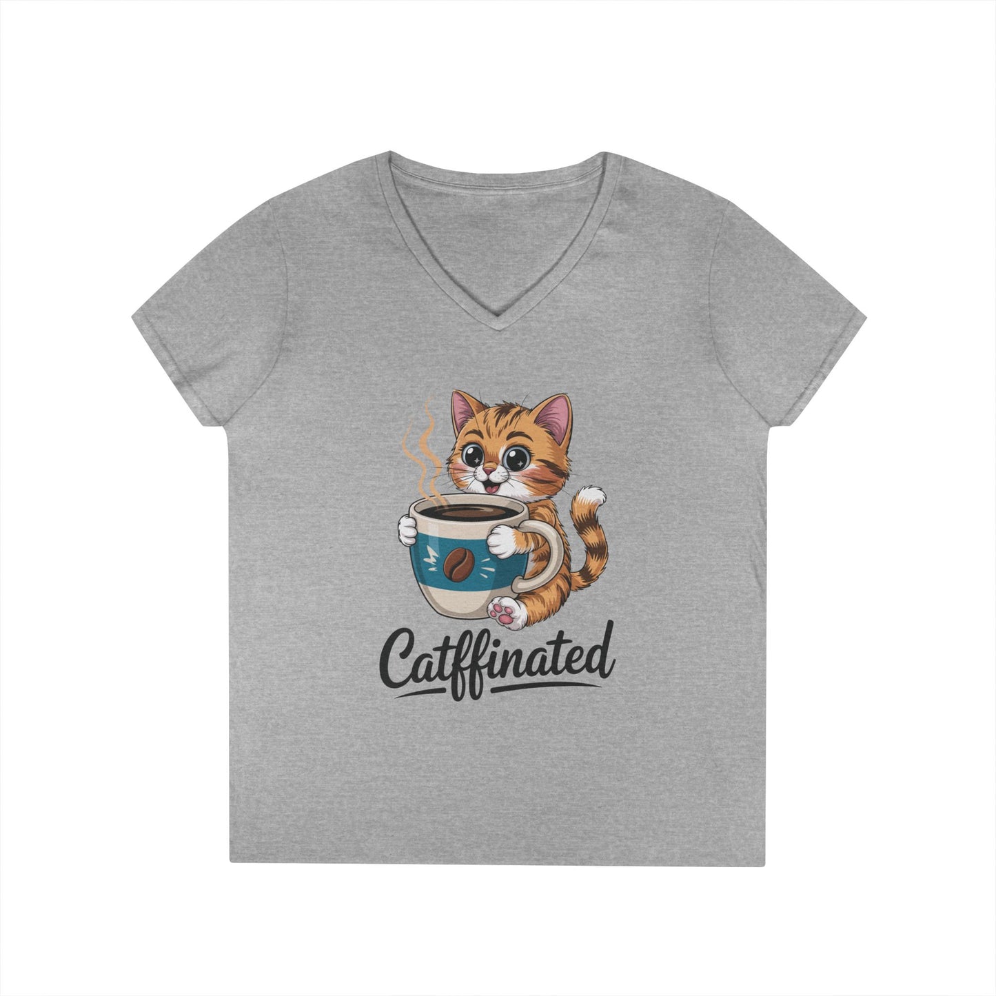 Caffeinated Cute Cat Coffee Lover V-Neck T-Shirt for Women | TEEZOCA 