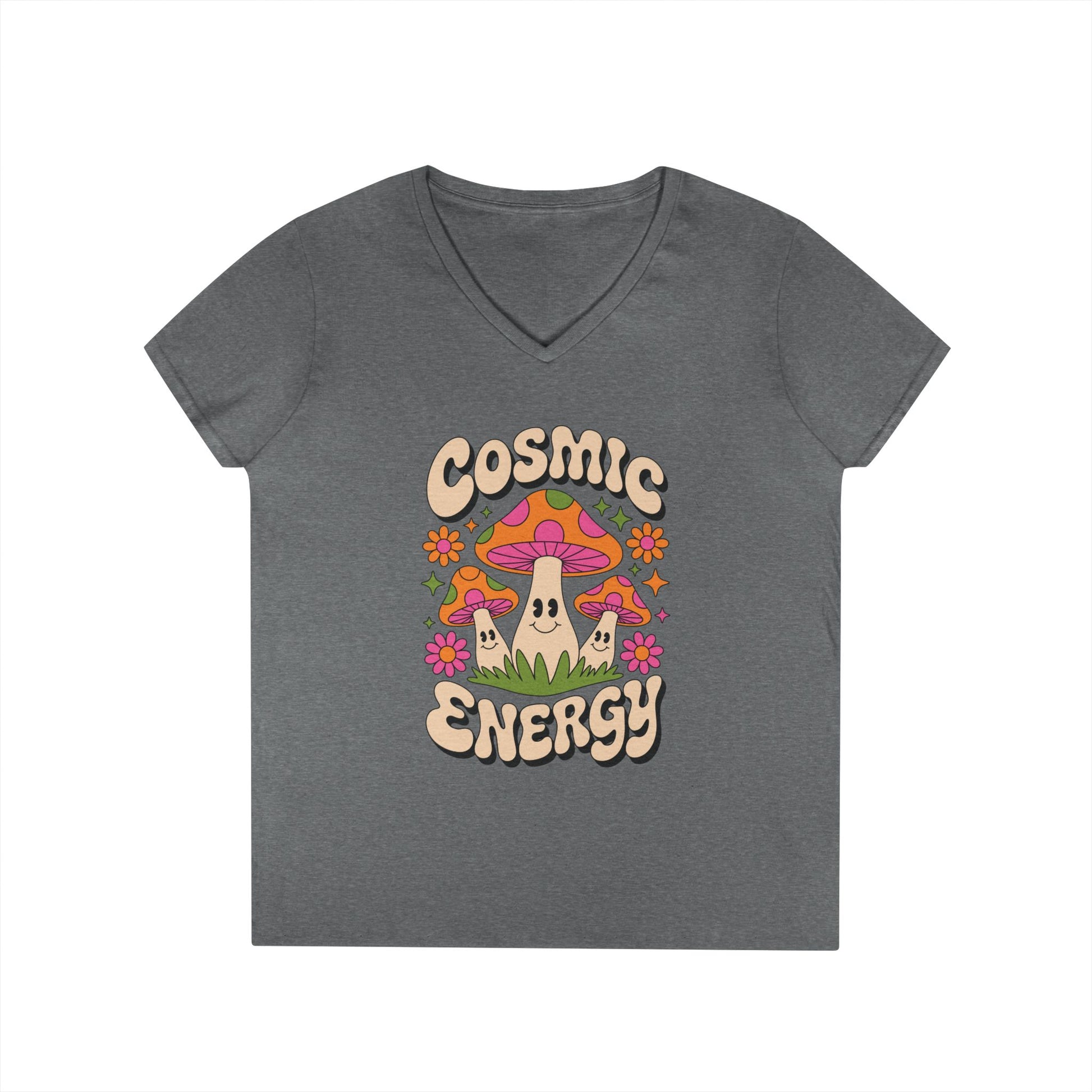 Cosmic Energy Happy Mushroom Graphic V-Neck T-Shirt for Women | TEEZOCA 