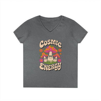 Cosmic Energy Happy Mushroom Graphic V-Neck T-Shirt for Women | TEEZOCA 