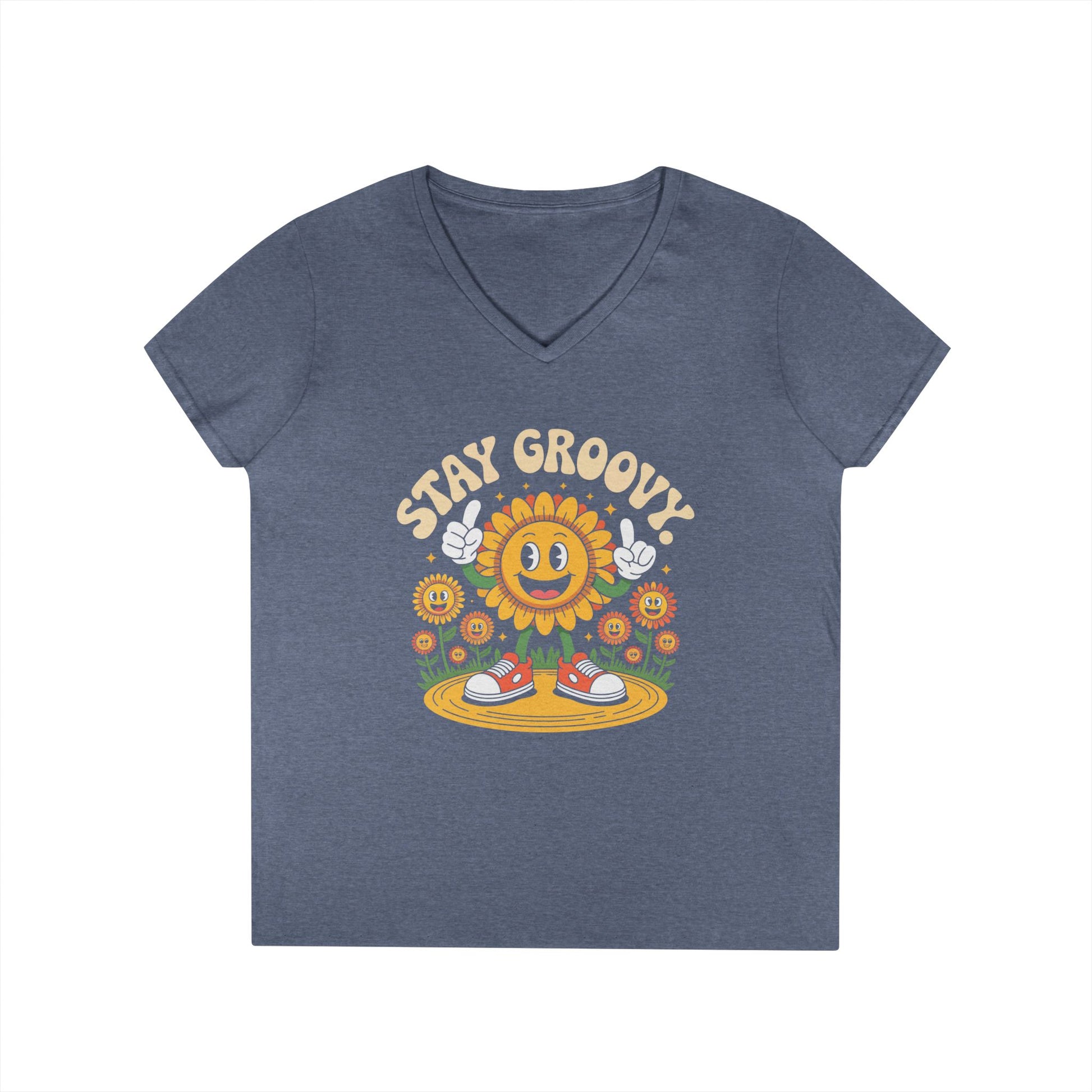 Stay Groovy Smiling Sunflower Graphic V-Neck T-Shirt for Women | TEEZOCA 
