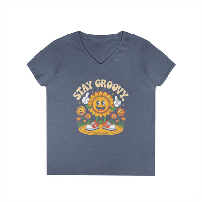 Stay Groovy Smiling Sunflower Graphic V-Neck T-Shirt for Women | TEEZOCA 