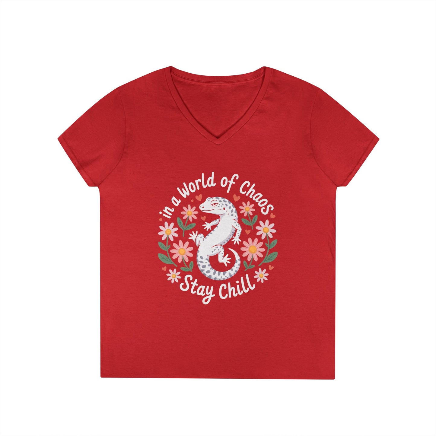 TEEZOCA playful gecko V-Neck T-Shirt positive message
