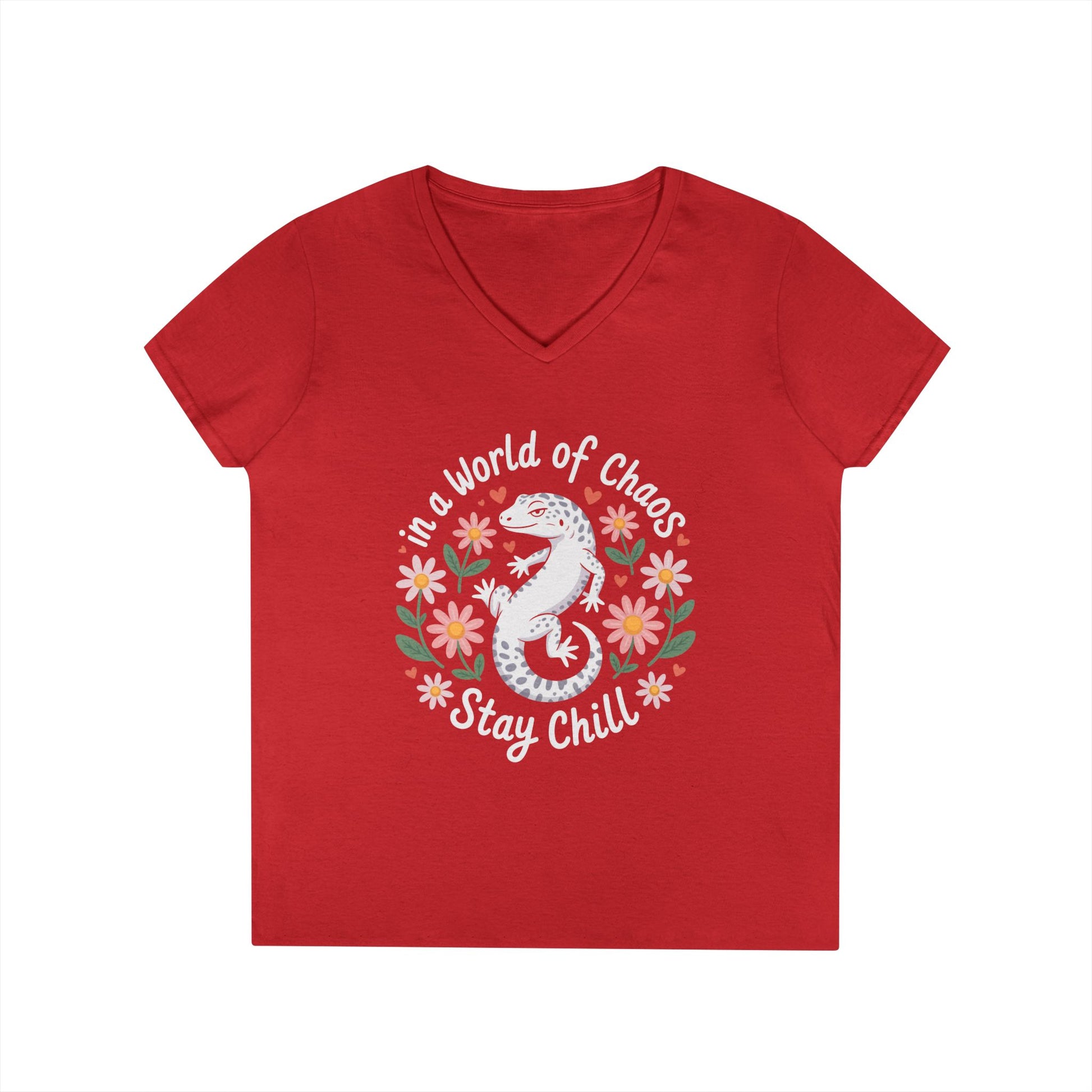 TEEZOCA playful gecko V-Neck T-Shirt positive message