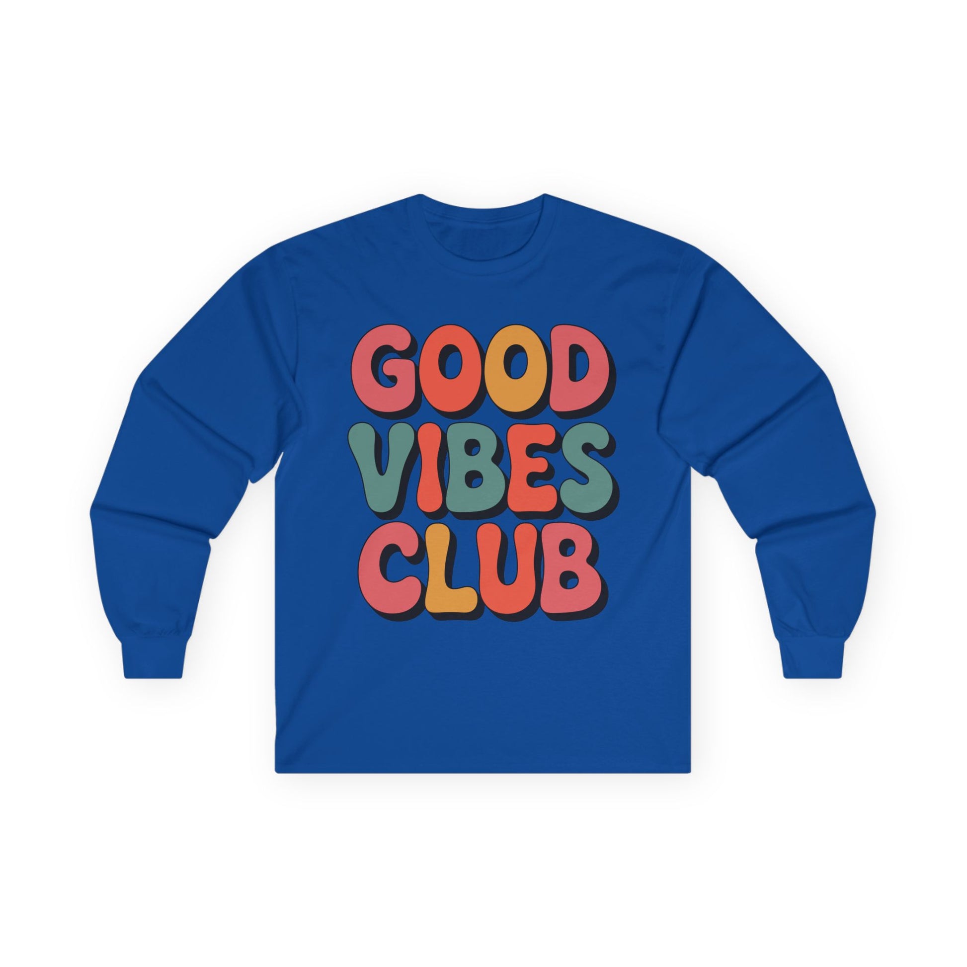 TEEZOCA playful good vibes club text design on unisex long-sleeve t-shirt Blue long-sleeve shirt with 'Good Vibes Club' text in colorful letters on a white background