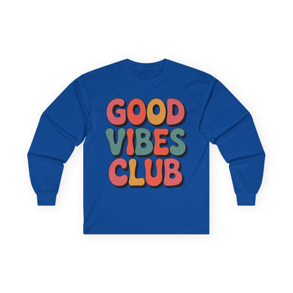 TEEZOCA playful good vibes club text design on unisex long-sleeve t-shirt Blue long-sleeve shirt with 'Good Vibes Club' text in colorful letters on a white background