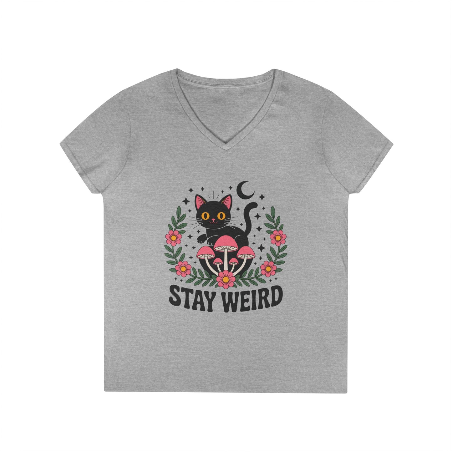 Stay Weird Black Cat V-Neck T-Shirt for Women | Playful Gothic Style | TEEZOCA 