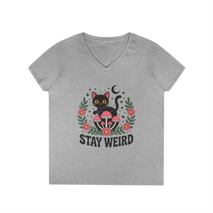 Stay Weird Black Cat V-Neck T-Shirt for Women | Playful Gothic Style | TEEZOCA 