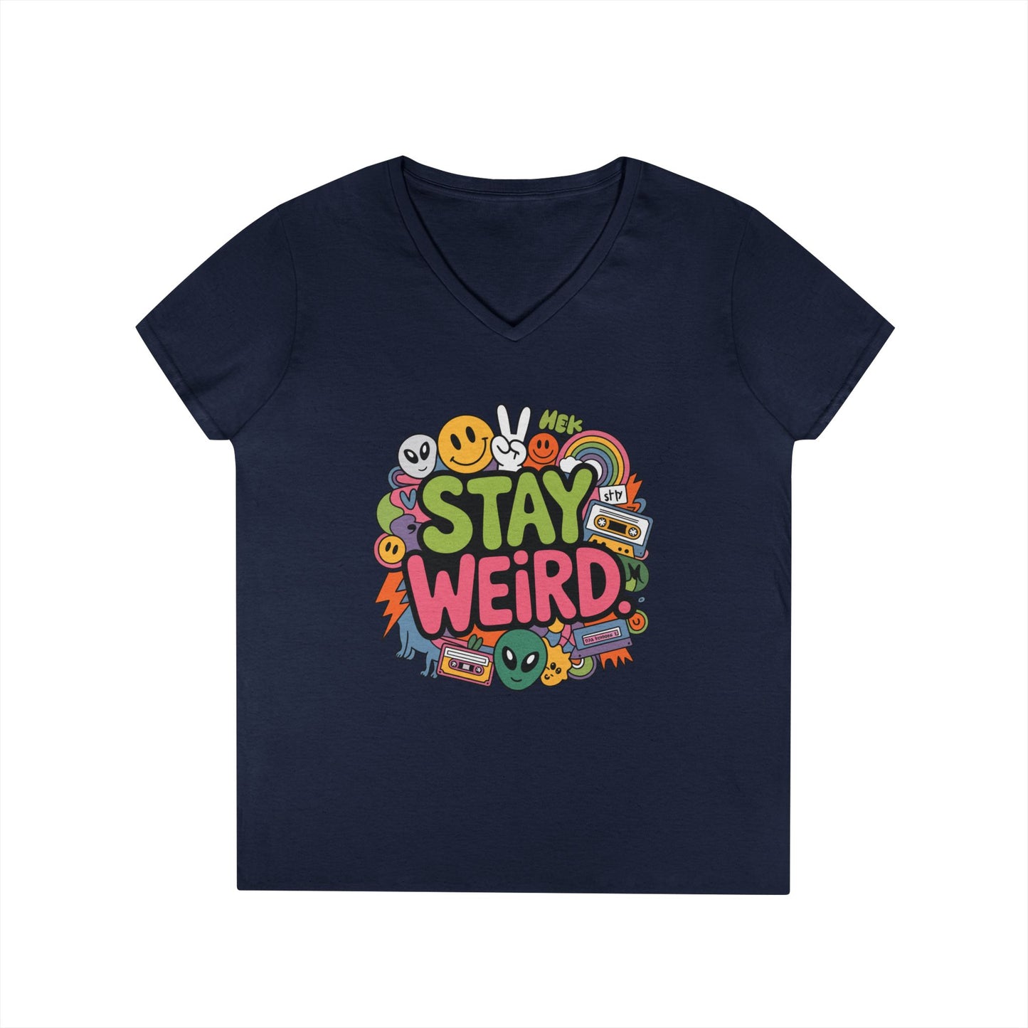 Stay Weird Retro Smiley Collage V-Neck T-Shirt for Women | TEEZOCA 