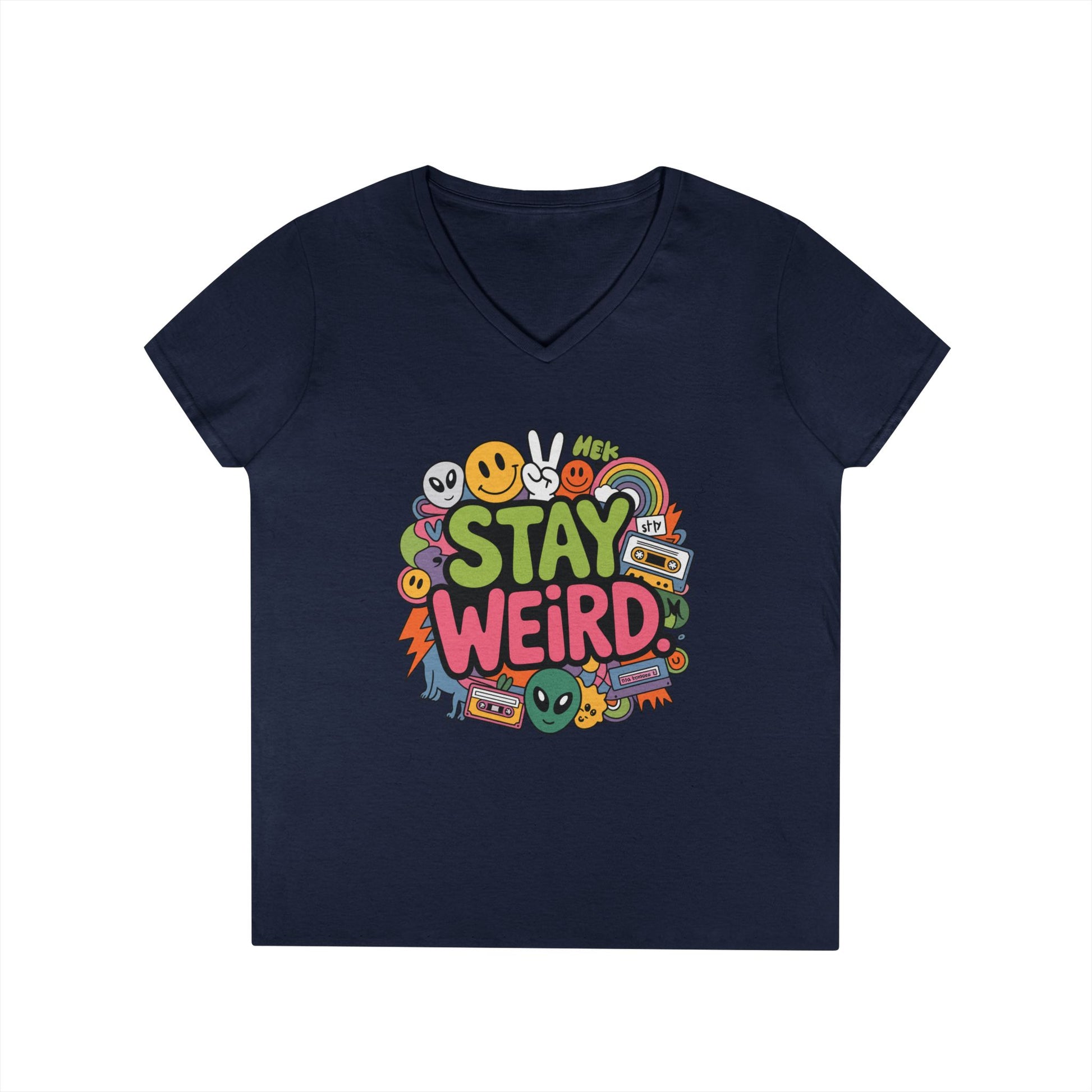 Stay Weird Retro Smiley Collage V-Neck T-Shirt for Women | TEEZOCA 
